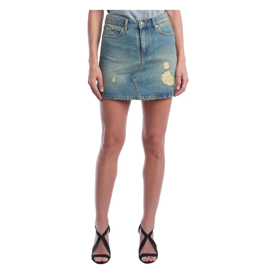 Sale Denim Mini Nederdel med Distressed Effekt Dame Nederdele