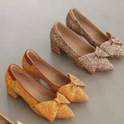 Glitter Bow Pumps - Mandarin Glitter / Terracotta Dame Pumps|Stiletter