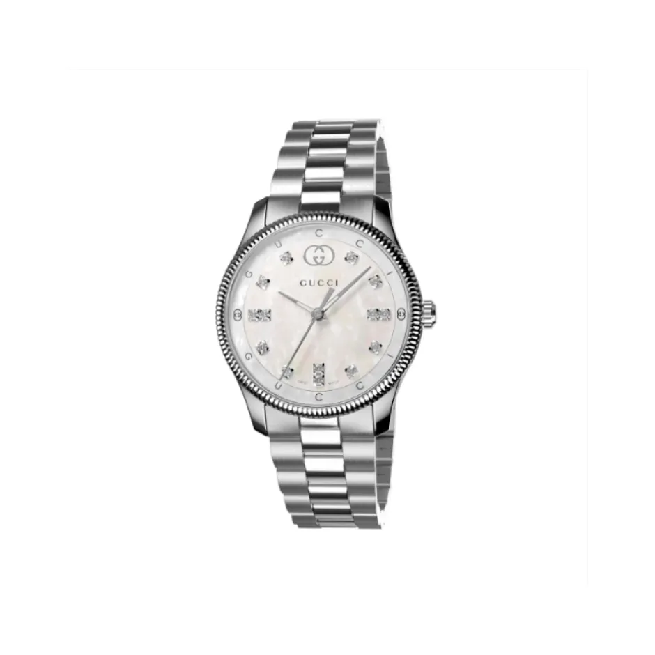 Best G-Timeless 29 mm rustfrit stålkasse, hvid perlemorsskive med og bogstaver, diamantindekser, rustfrit stålarmbånd Dame Ure