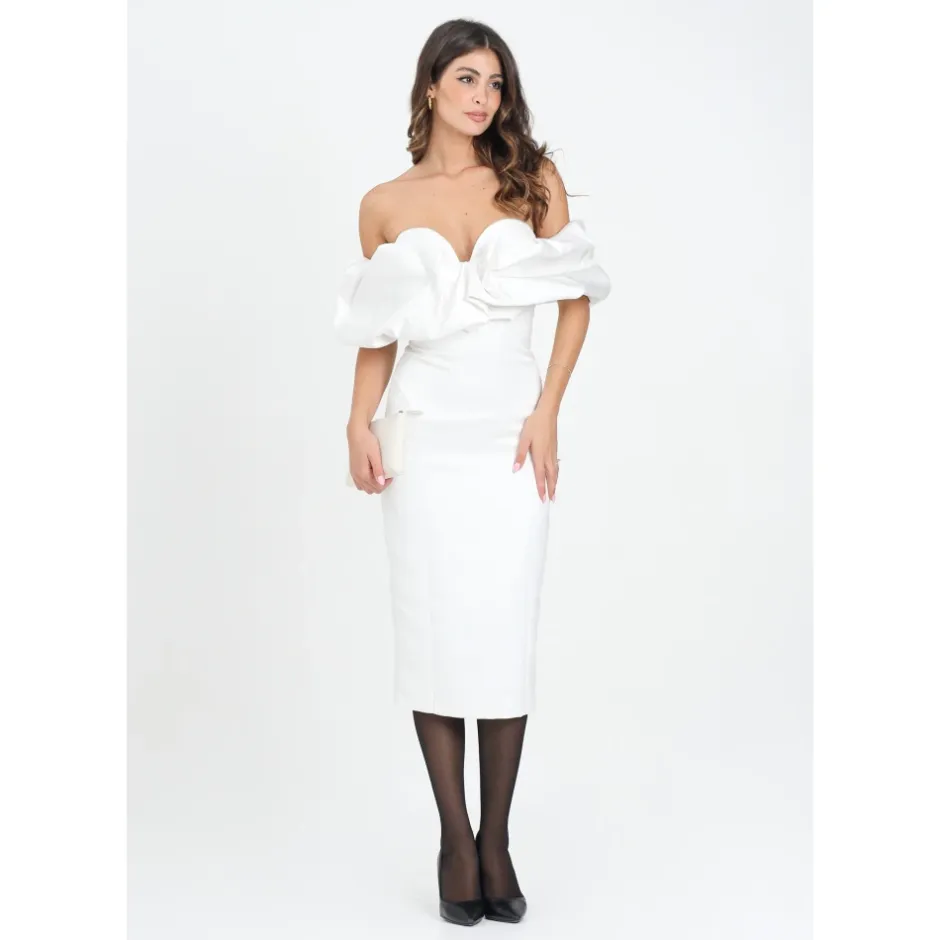 Best Ivory Off-Shoulder Midi Kjole Dame Kjoler