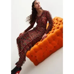 Sale Micro Blomsterprint Flæse Midi Kjole i Mesh Dame Kjoler