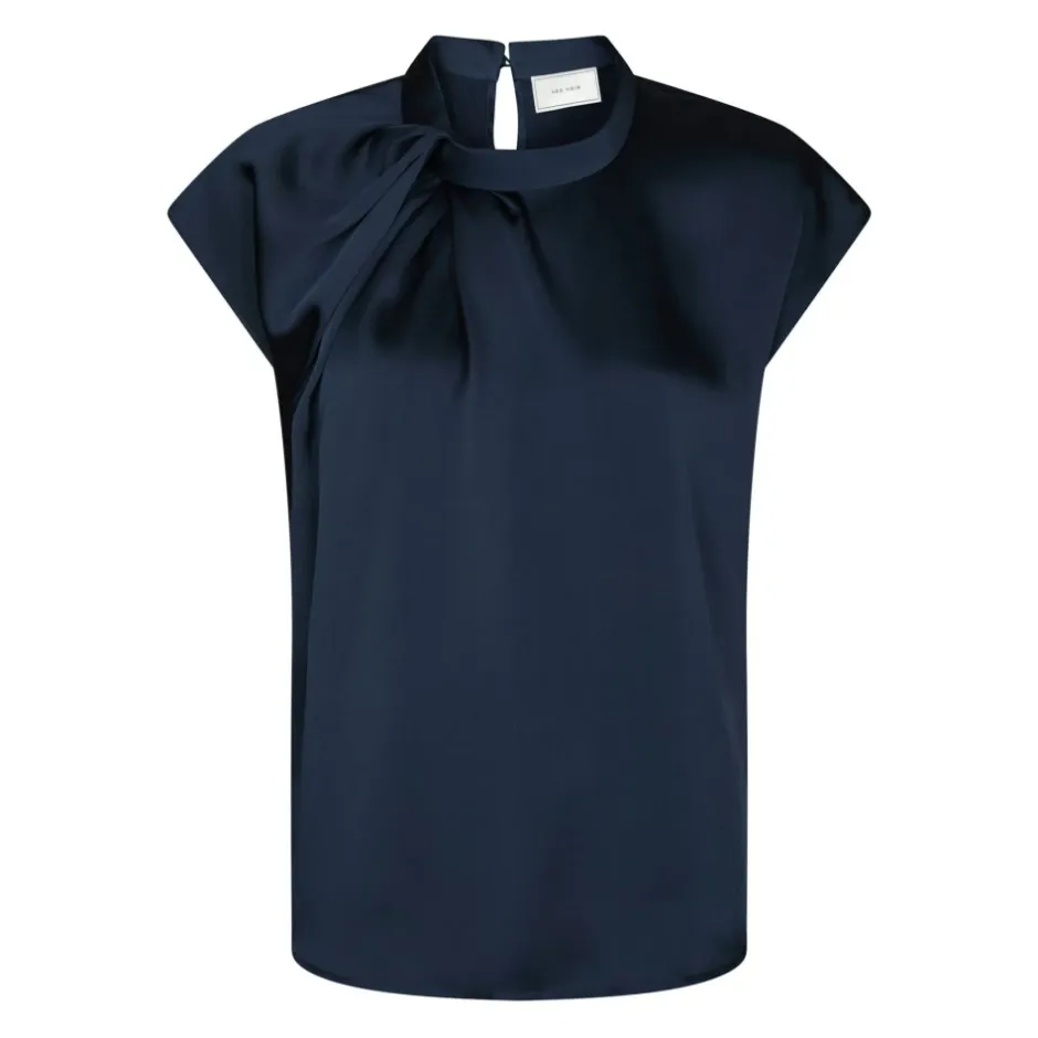 Online Navy Satin Drapy Bluse Dame Bluser & Skjorter