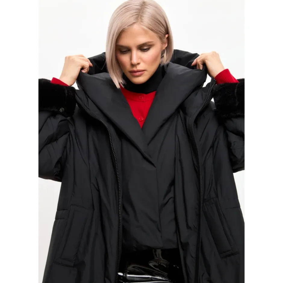 Best Oversized Hætte Puffer Jakke med Faux Pelsmanchetter Dame Frakker