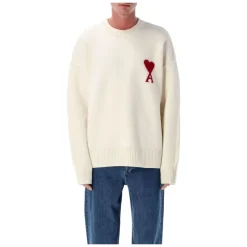 Sale Rød Uld Crewneck Sweater med Hjerte Strik