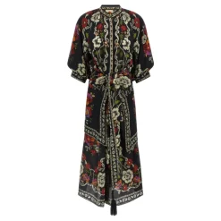 Clearance Rococo Flowers Belted Midi Dress Dame Kjoler