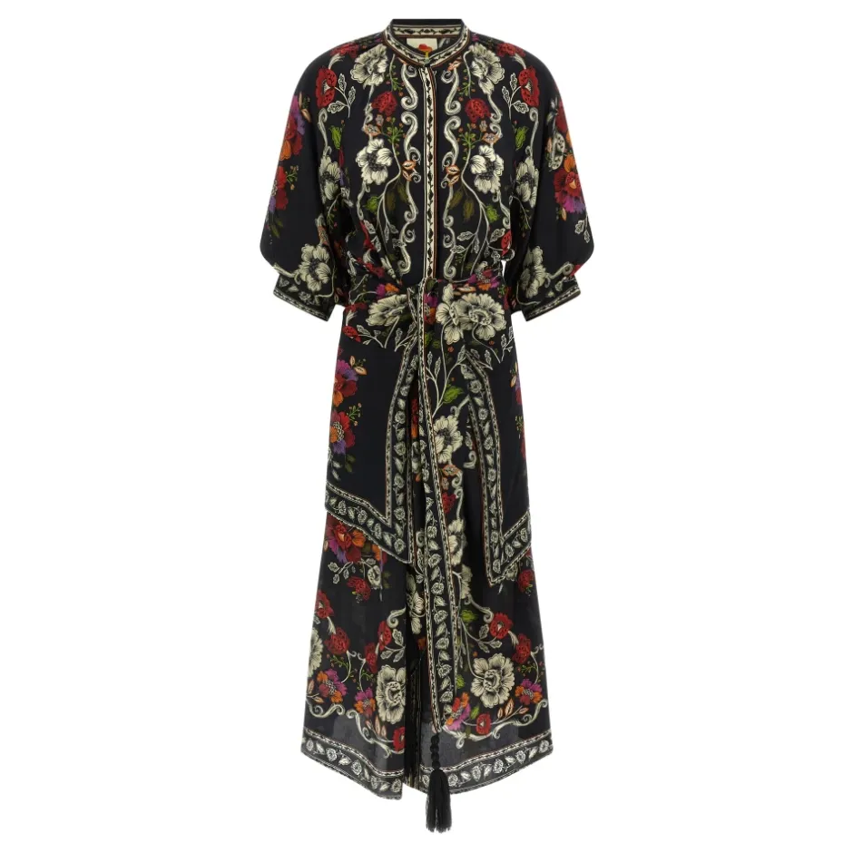 Clearance Rococo Flowers Belted Midi Dress Dame Kjoler