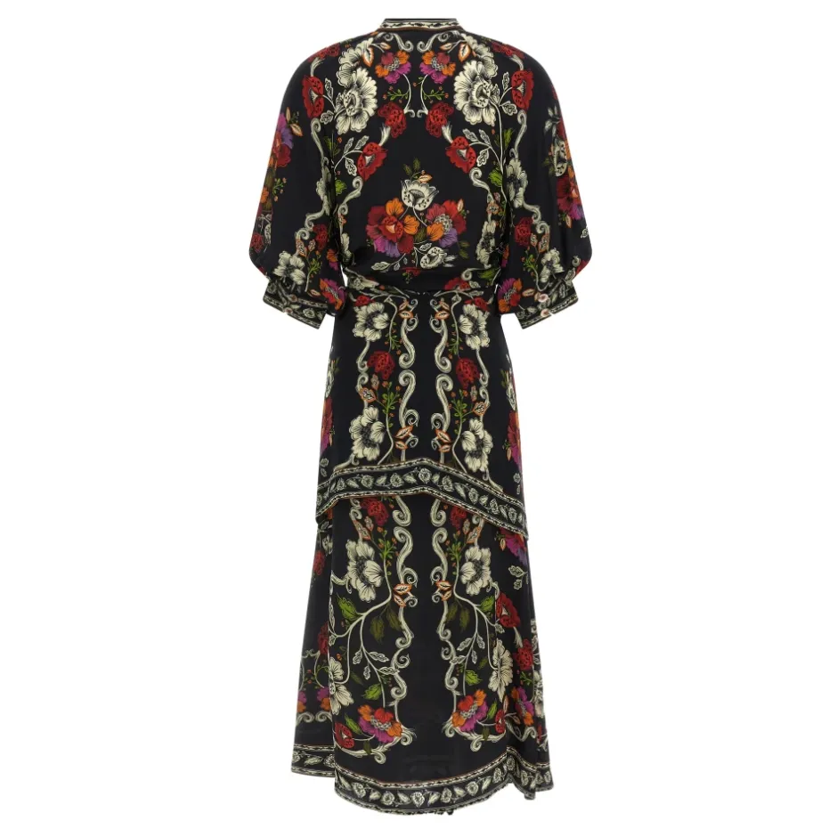Clearance Rococo Flowers Belted Midi Dress Dame Kjoler