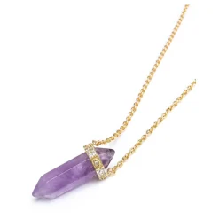 Sterling Silver Amethyst Crystal Necklace with Engraved Evil Eye Detail Dame Smykker