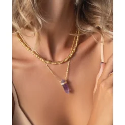 Sterling Silver Amethyst Crystal Necklace with Engraved Evil Eye Detail Dame Smykker