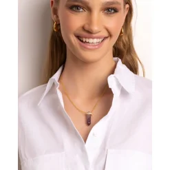 Sterling Silver Amethyst Crystal Necklace with Engraved Evil Eye Detail Dame Smykker