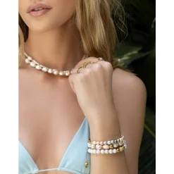 Clearance Women's Beaded Bracelet with White Sea Pearl and Gold Dame Smykker