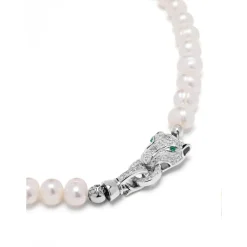 Online Women's Pearl Choker with Silver Panther Head Dame Smykker