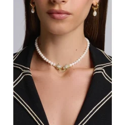 Clearance Women's Pearl Choker with Gold Double Panther Head Dame Smykker