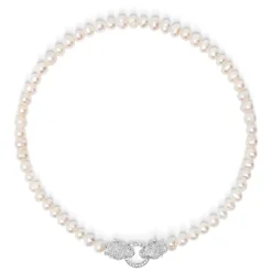 Outlet Women's Pearl Choker with Silver Double Panther Head Dame Smykker