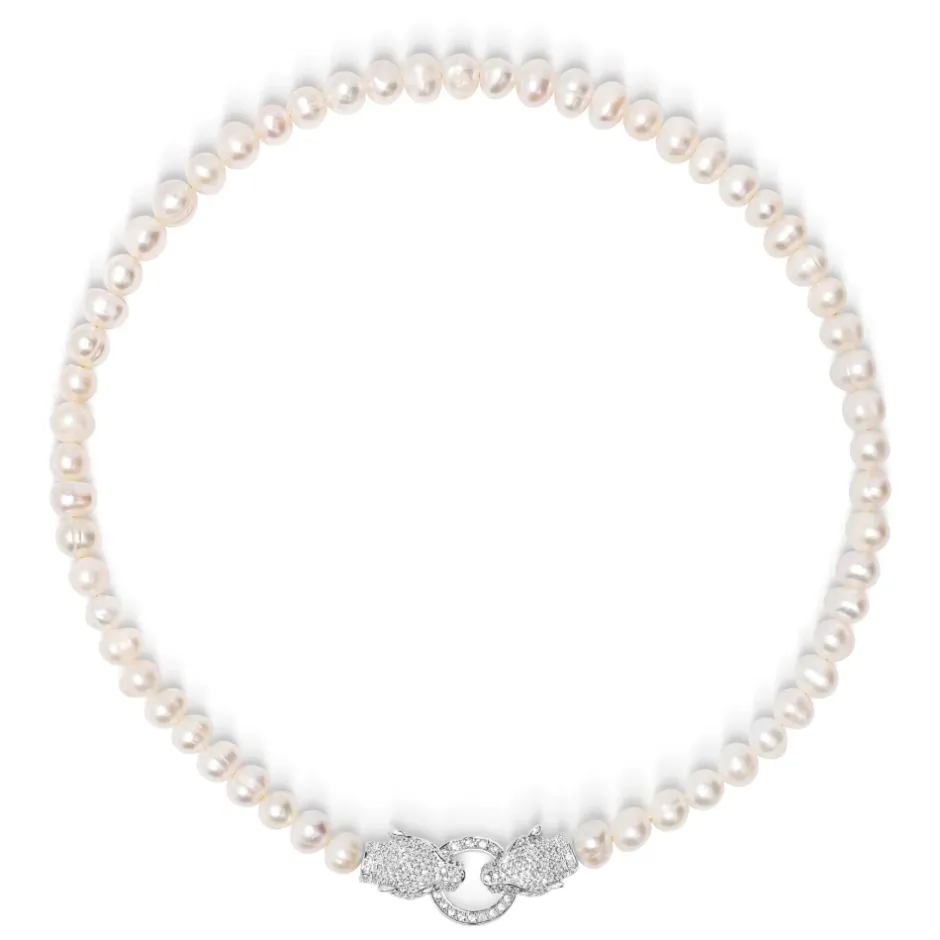 Outlet Women's Pearl Choker with Silver Double Panther Head Dame Smykker