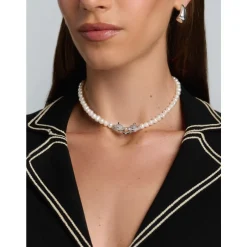 Outlet Women's Pearl Choker with Silver Double Panther Head Dame Smykker