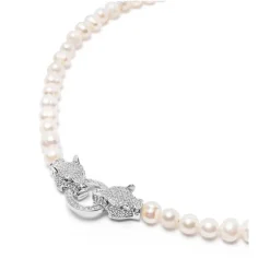 Outlet Women's Pearl Choker with Silver Double Panther Head Dame Smykker