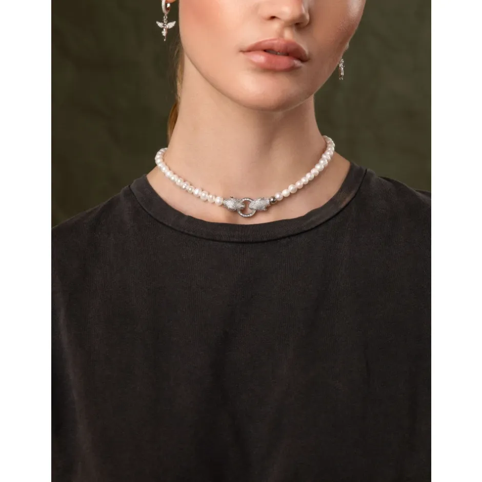 Outlet Women's Pearl Choker with Silver Double Panther Head Dame Smykker
