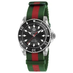 Discount YA136364 - Dive 40 mm rustfrit stålkasse, sort urskive, keramisk bezel, nato grøn-rød-grøn rem, selvoptrækkende bevægelse Dame Ure