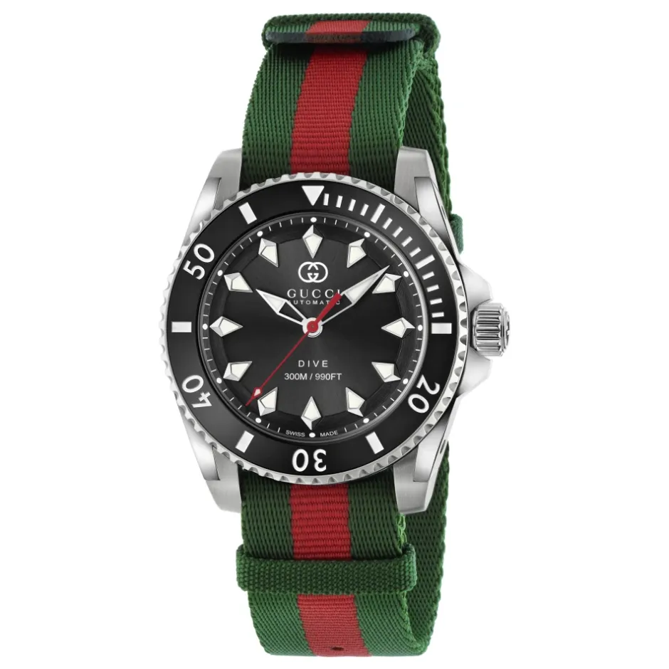 Discount YA136364 - Dive 40 mm rustfrit stålkasse, sort urskive, keramisk bezel, nato grøn-rød-grøn rem, selvoptrækkende bevægelse Dame Ure