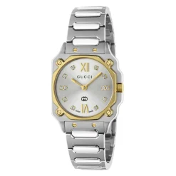 YA166503 - G-Flat 24mm rustfrit stål urkasse med 18 kt guldbelagt bezel og skruer; Sølvforzinket skive med romerske indekser kl. 12 og 6 og diamantindekser; Rustfrit stål armbånd Dame Ure