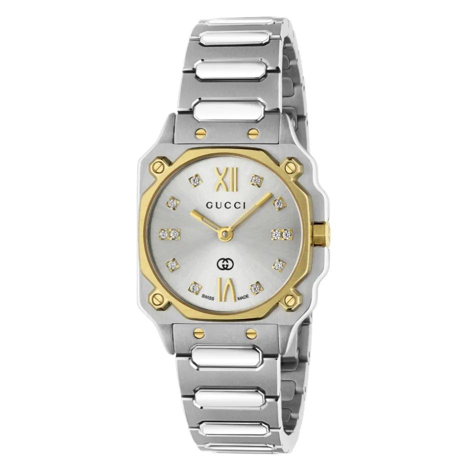 YA166503 - G-Flat 24mm rustfrit stål urkasse med 18 kt guldbelagt bezel og skruer; Sølvforzinket skive med romerske indekser kl. 12 og 6 og diamantindekser; Rustfrit stål armbånd Dame Ure