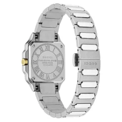 YA166503 - G-Flat 24mm rustfrit stål urkasse med 18 kt guldbelagt bezel og skruer; Sølvforzinket skive med romerske indekser kl. 12 og 6 og diamantindekser; Rustfrit stål armbånd Dame Ure