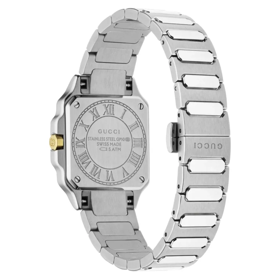 YA166503 - G-Flat 24mm rustfrit stål urkasse med 18 kt guldbelagt bezel og skruer; Sølvforzinket skive med romerske indekser kl. 12 og 6 og diamantindekser; Rustfrit stål armbånd Dame Ure