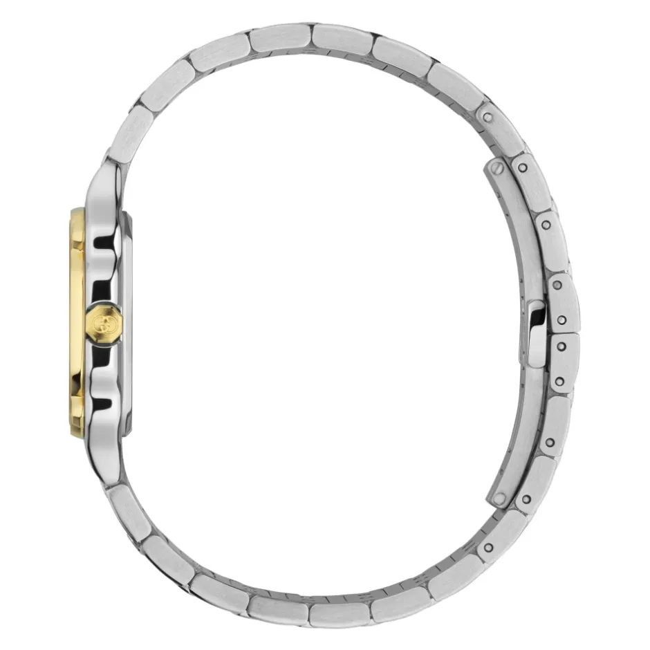 YA166503 - G-Flat 24mm rustfrit stål urkasse med 18 kt guldbelagt bezel og skruer; Sølvforzinket skive med romerske indekser kl. 12 og 6 og diamantindekser; Rustfrit stål armbånd Dame Ure