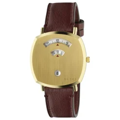 Online YA157411 - Grip t d PVD, 3 vinduer der angiver time, minut & dato, bordeaux læderrem Dame Ure