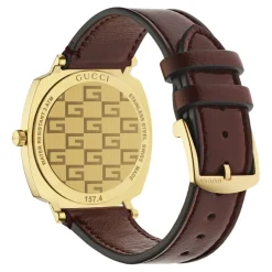 Online YA157411 - Grip t d PVD, 3 vinduer der angiver time, minut & dato, bordeaux læderrem Dame Ure