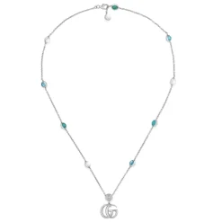 Discount YBB527399001 - Argento 925, Madreperla, Topazio, Resina - Halskæde med Interlocking G vedhæng i blankt ældet sterlingsølv, perlemor, blå topas og turkis harpiks Dame Smykker